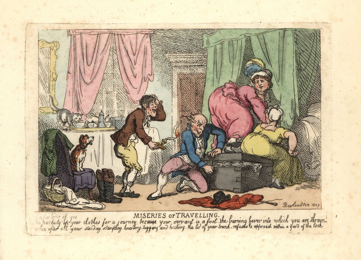 Mand og to kvinder undlader at lukke en pakket kuffert. af Thomas Rowlandson
