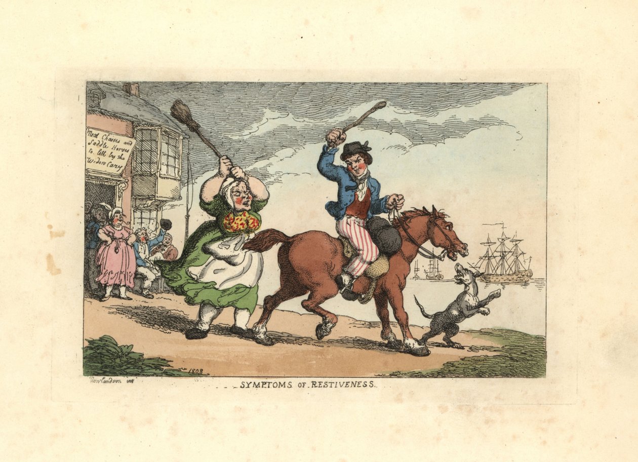 Mand slår en stædig hest med en knus, mens ejeren Wido af Thomas Rowlandson