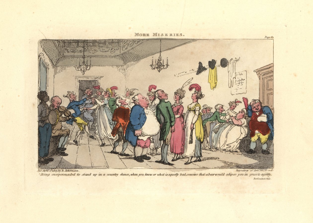 Mand flov over at blive tvunget til at danse til en countrydans. af Thomas Rowlandson