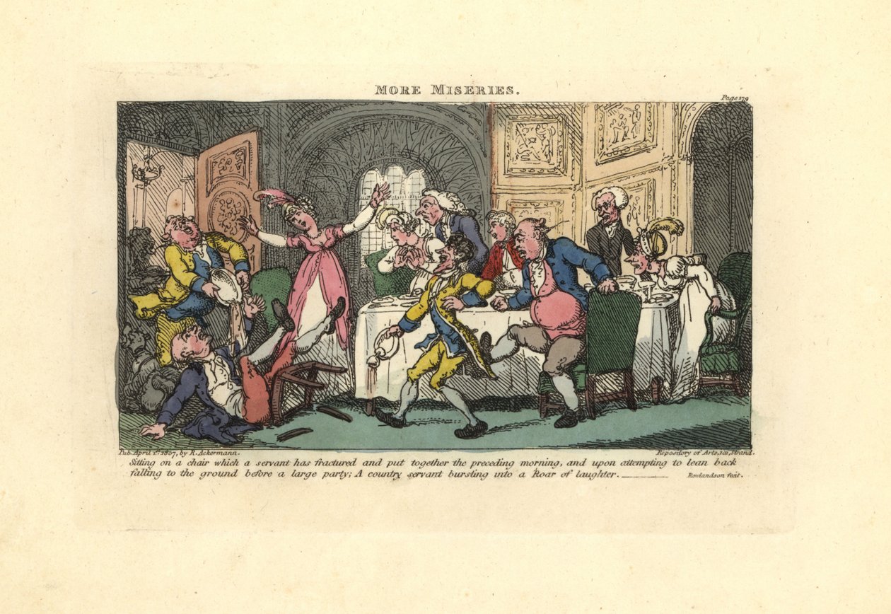 Mand falder ned af en ødelagt stol ved et middagsselskab. af Thomas Rowlandson