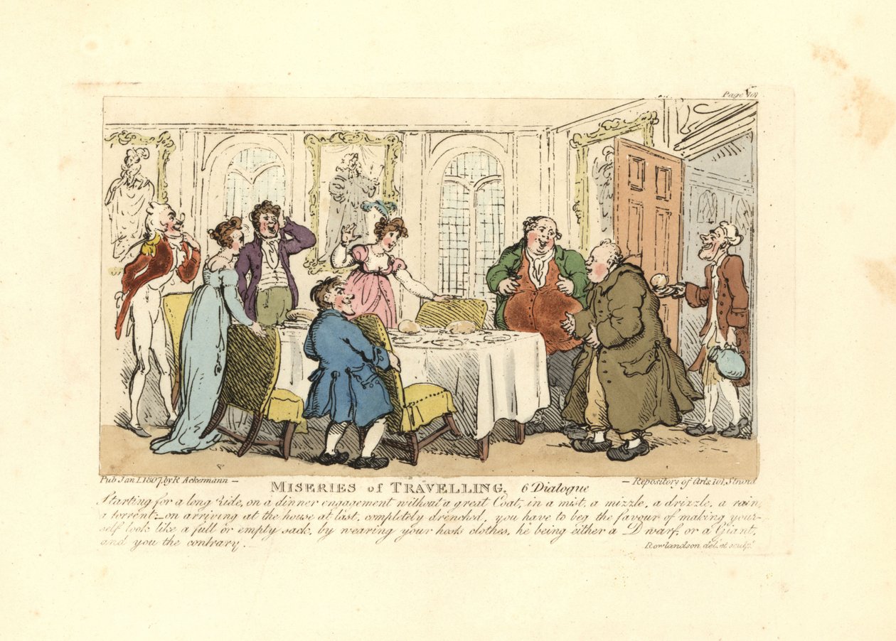 Mand tvunget til at bære sin værts dårligt siddende tøj ved en middag af Thomas Rowlandson