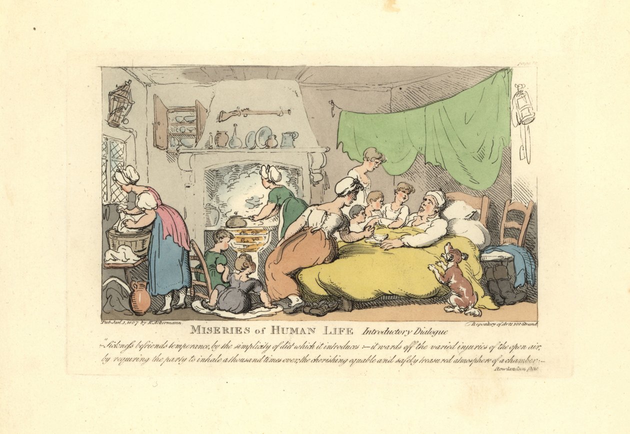 Mand i sin syge seng omgivet af yndige kone, børn og mai af Thomas Rowlandson