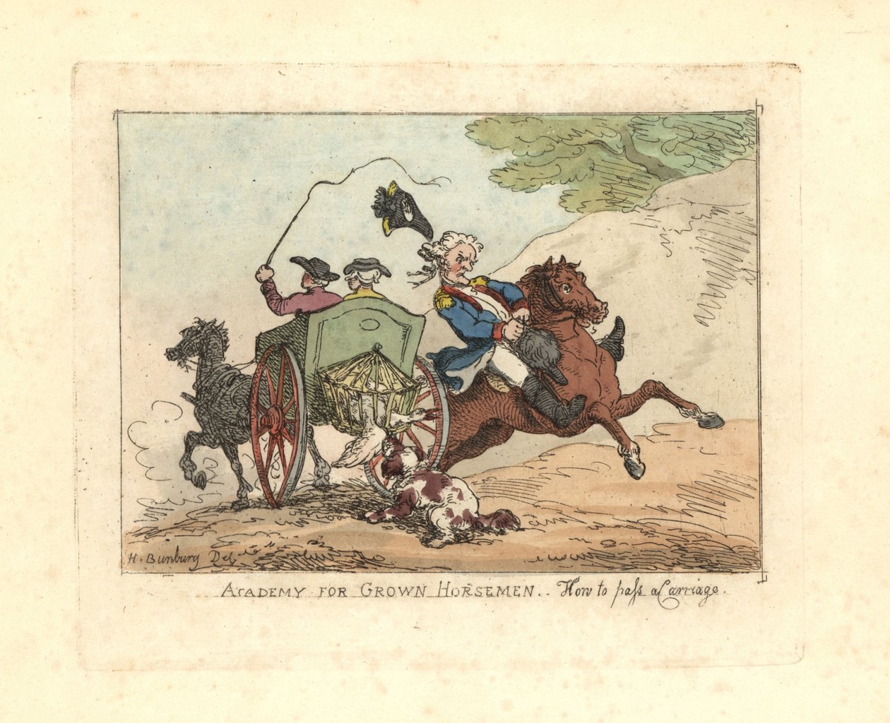 Mand, der mister kontrollen over sin mount, mens han passerer en vogn. af Thomas Rowlandson