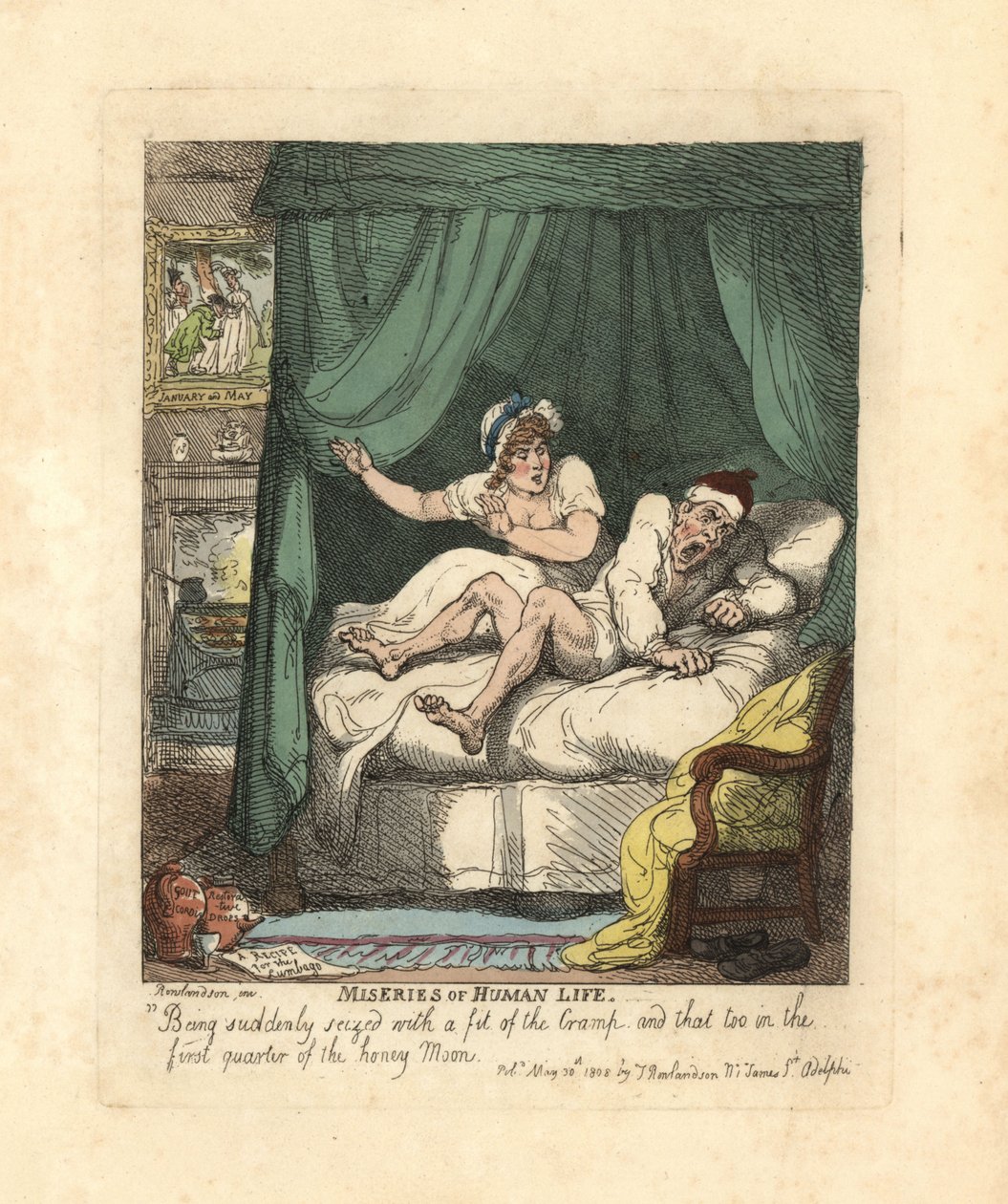 Mand grebet af benkramper i bryllupsrejsesengen. af Thomas Rowlandson