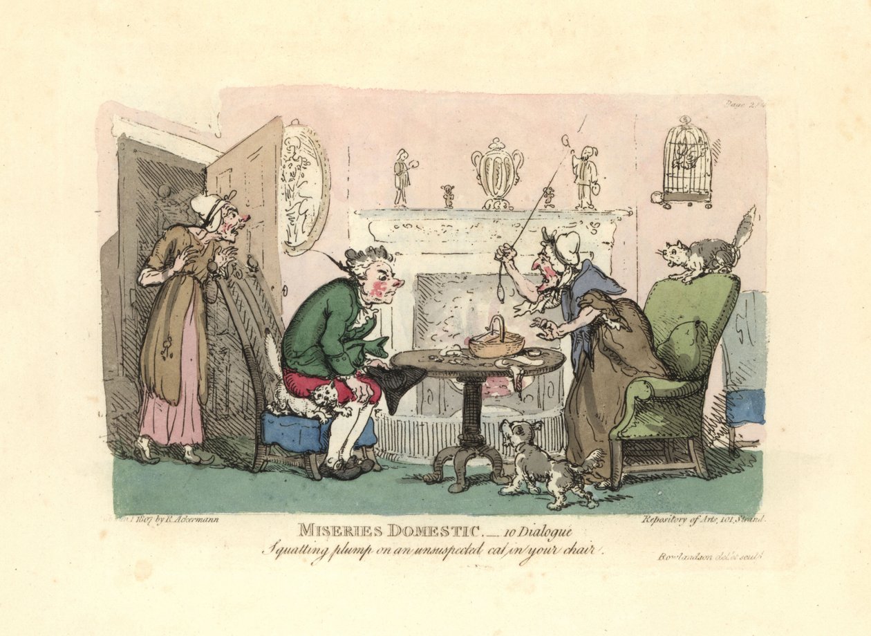 Mand sætter sig på en forskrækket kat i sin stol. af Thomas Rowlandson