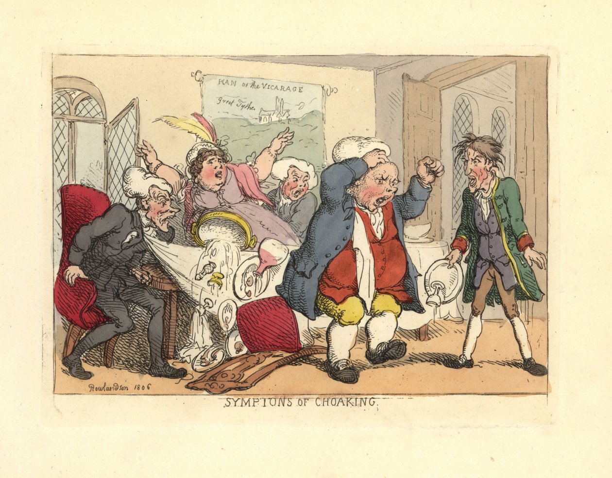 Mand rejser sig, mens han kvæler ved middagsbordet. af Thomas Rowlandson