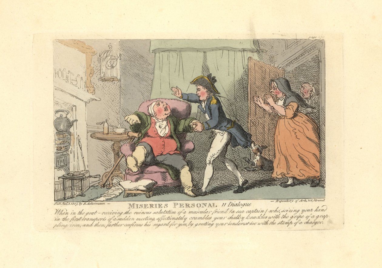 Mand, der lider af gigt, mødt smerteligt af en sømand. af Thomas Rowlandson