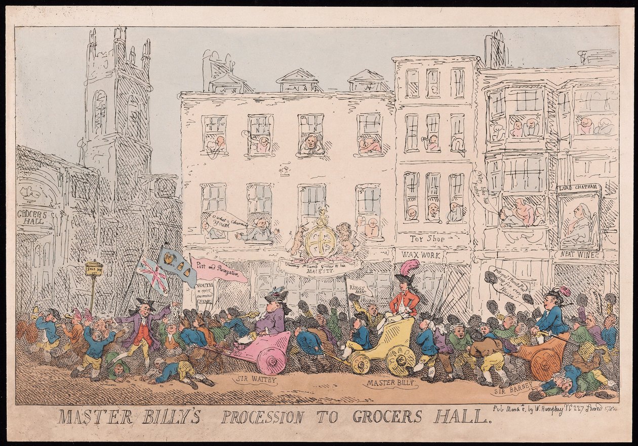 Master Billys Procession til Grocers Hall, pub. 1784 (håndfarvet gravering) af Thomas Rowlandson