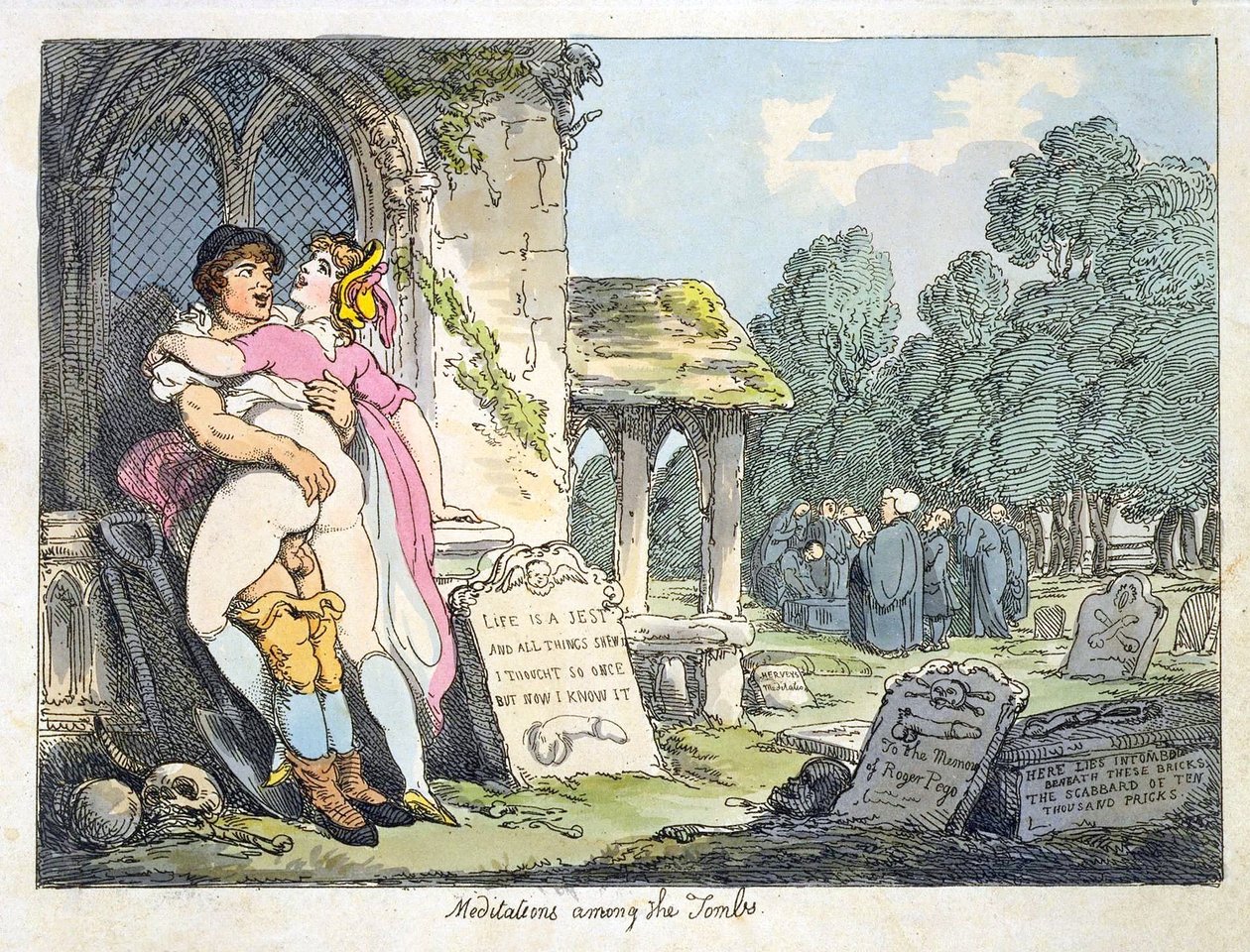 Meditationer blandt gravene (farve litho) af Thomas Rowlandson