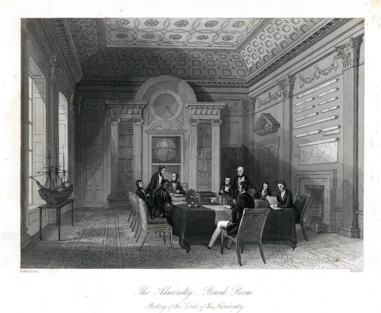 Møde for Admiralitetets Herrer i bestyrelseslokalet, Admiralitet. Stålgravering af Henry Melville efter en illustration af Thomas Rowlandson fra London Interiors, Their Costumes and Ceremonies, Joshua Mead, London af Thomas Rowlandson