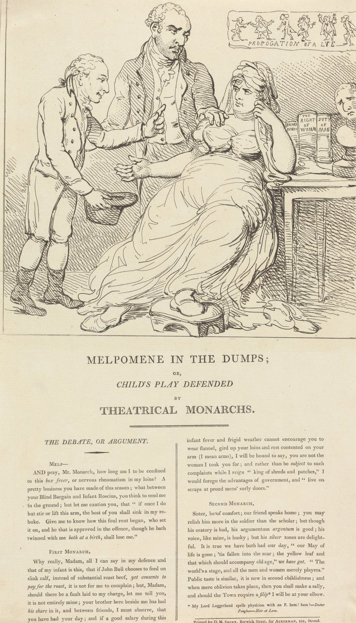 Melpomene i dyb nedtur; om »Child’s Play« forsvaret af teatermonarker af Thomas Rowlandson