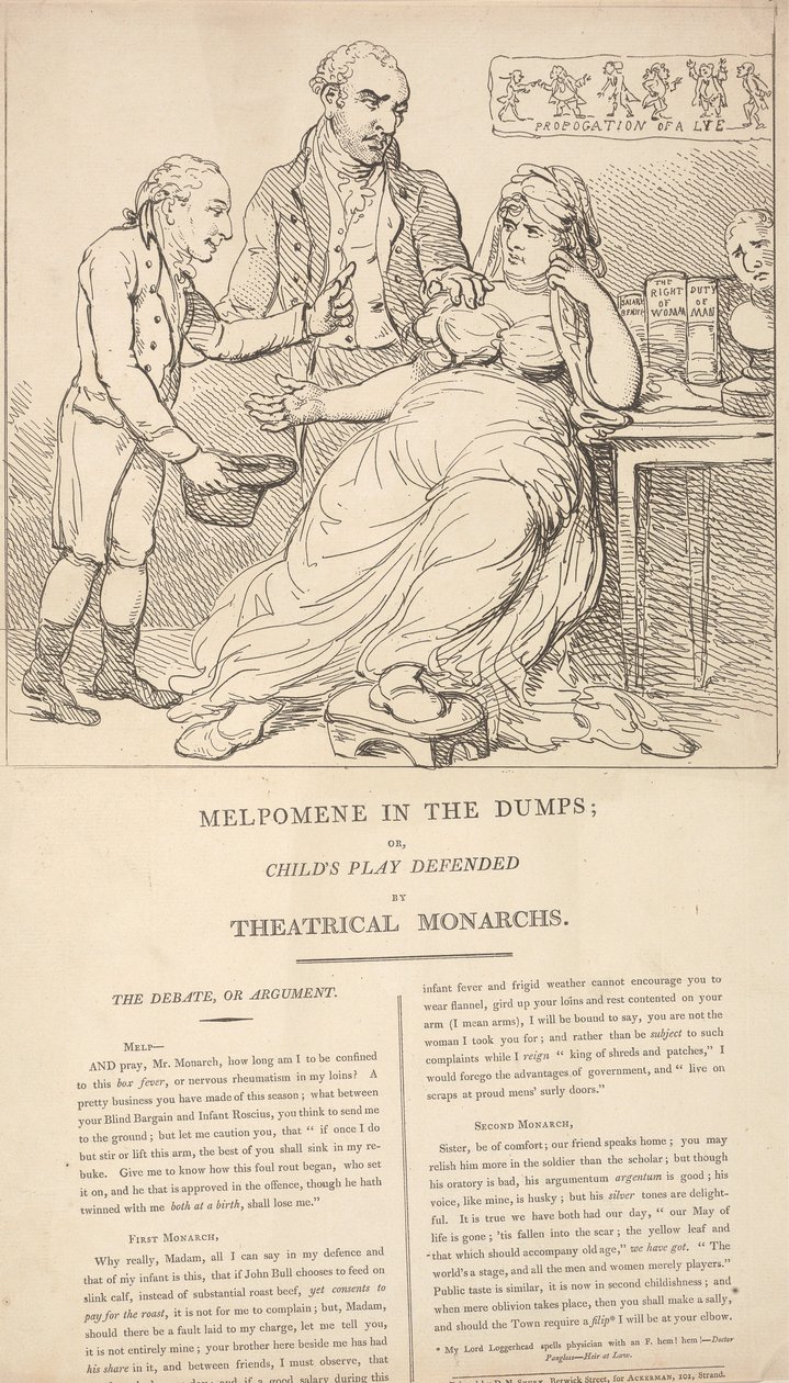 Melpomene i dyb nedtur; eller: Børneleg forsvaret af teatermonarker af Thomas Rowlandson