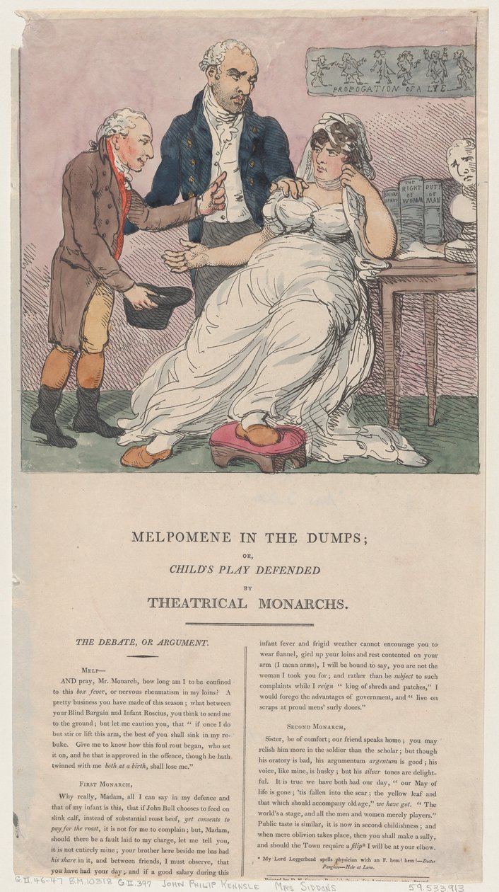 Melpomene i lossepladserne eller børneskuespil forsvaret af teatralske monarker, 1804., 1804. af Thomas Rowlandson