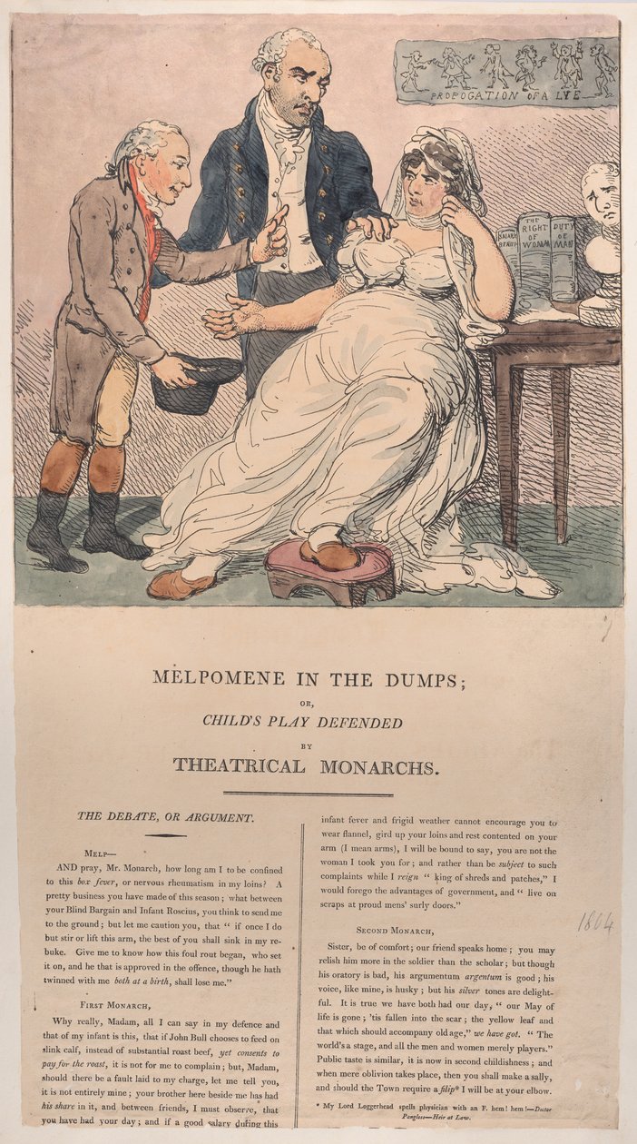 Melpomene i lossepladserne eller børneskuespil forsvaret af teatralske monarker, 1804., 1804. af Thomas Rowlandson