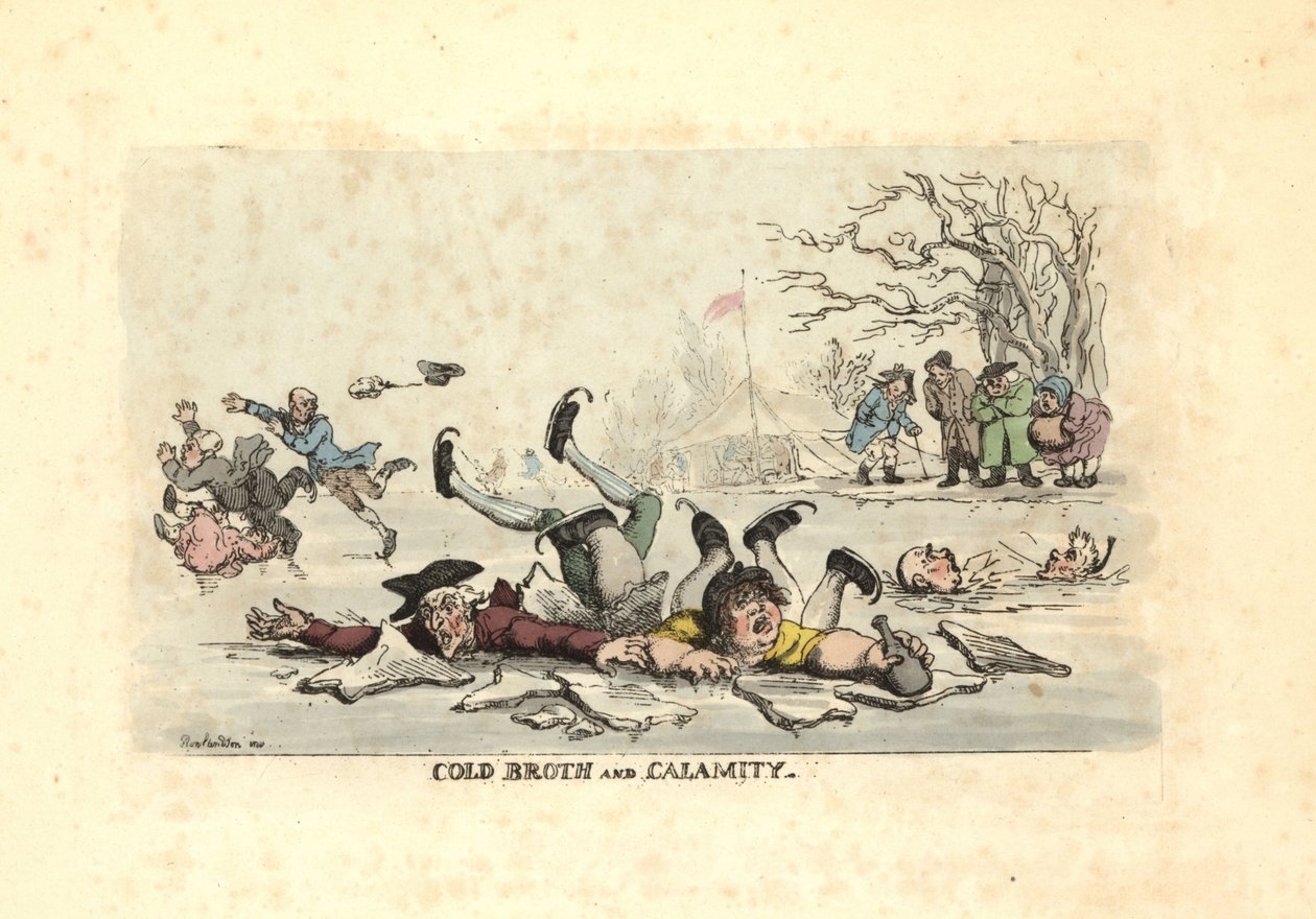 Mænd og kvinder, der skøjter på tynd is og falder ned i en frysende ri af Thomas Rowlandson