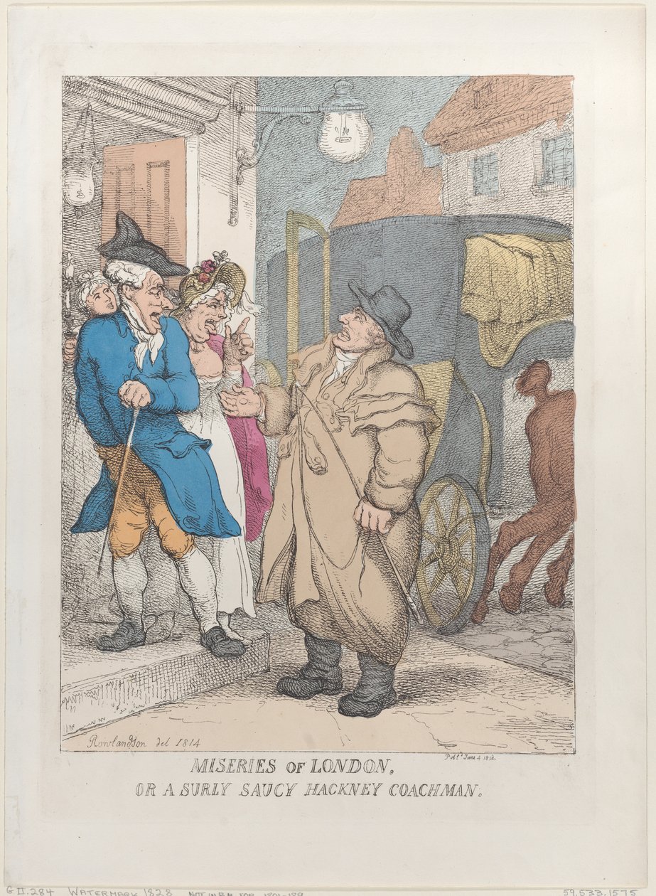 Miseries of London, or a Surly Saucy Hackney Coachman, 4. juni 1814., 4. juni 1814. af Thomas Rowlandson