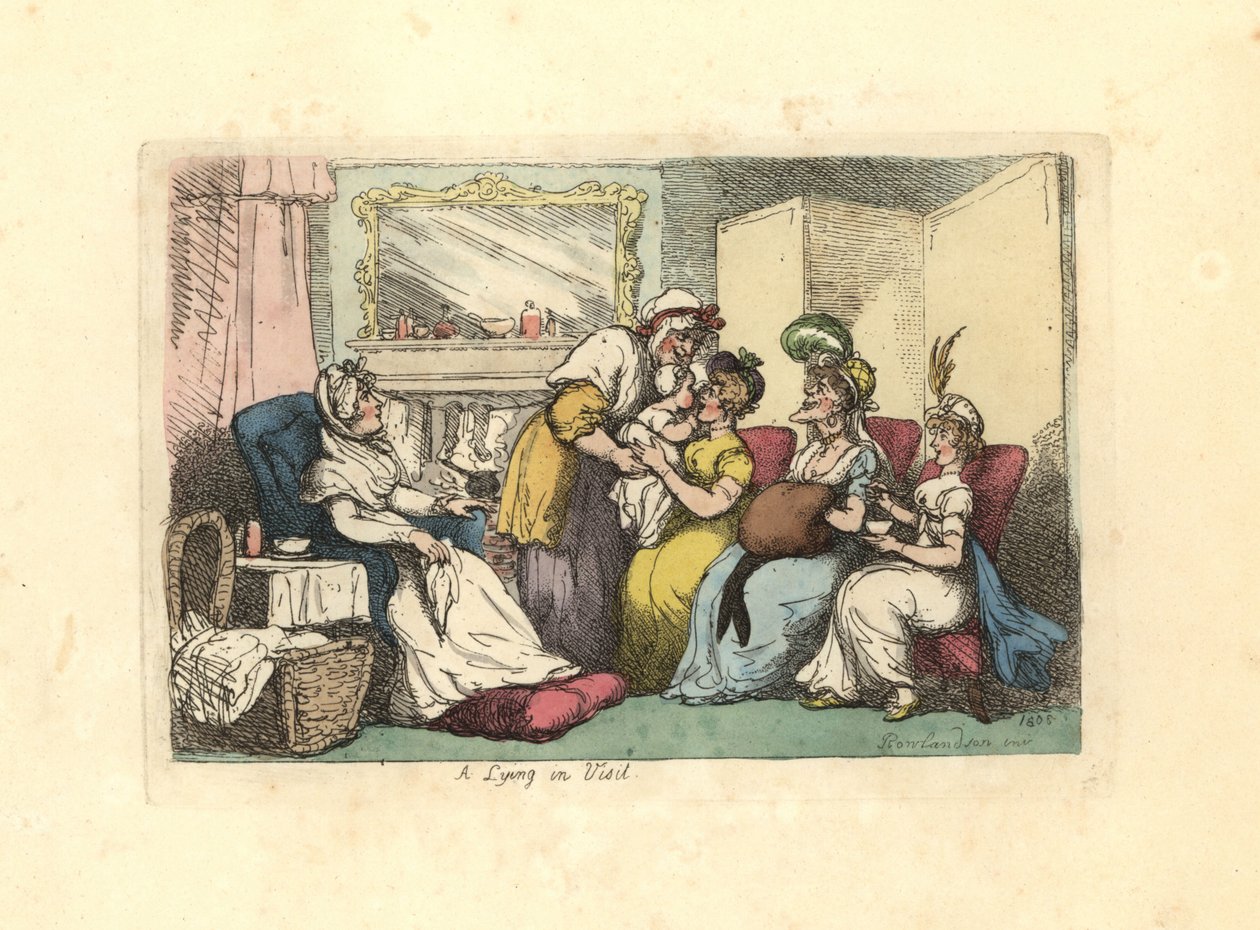 Mor med nyfødt baby besøgt af flere kvinder i en stue. af Thomas Rowlandson
