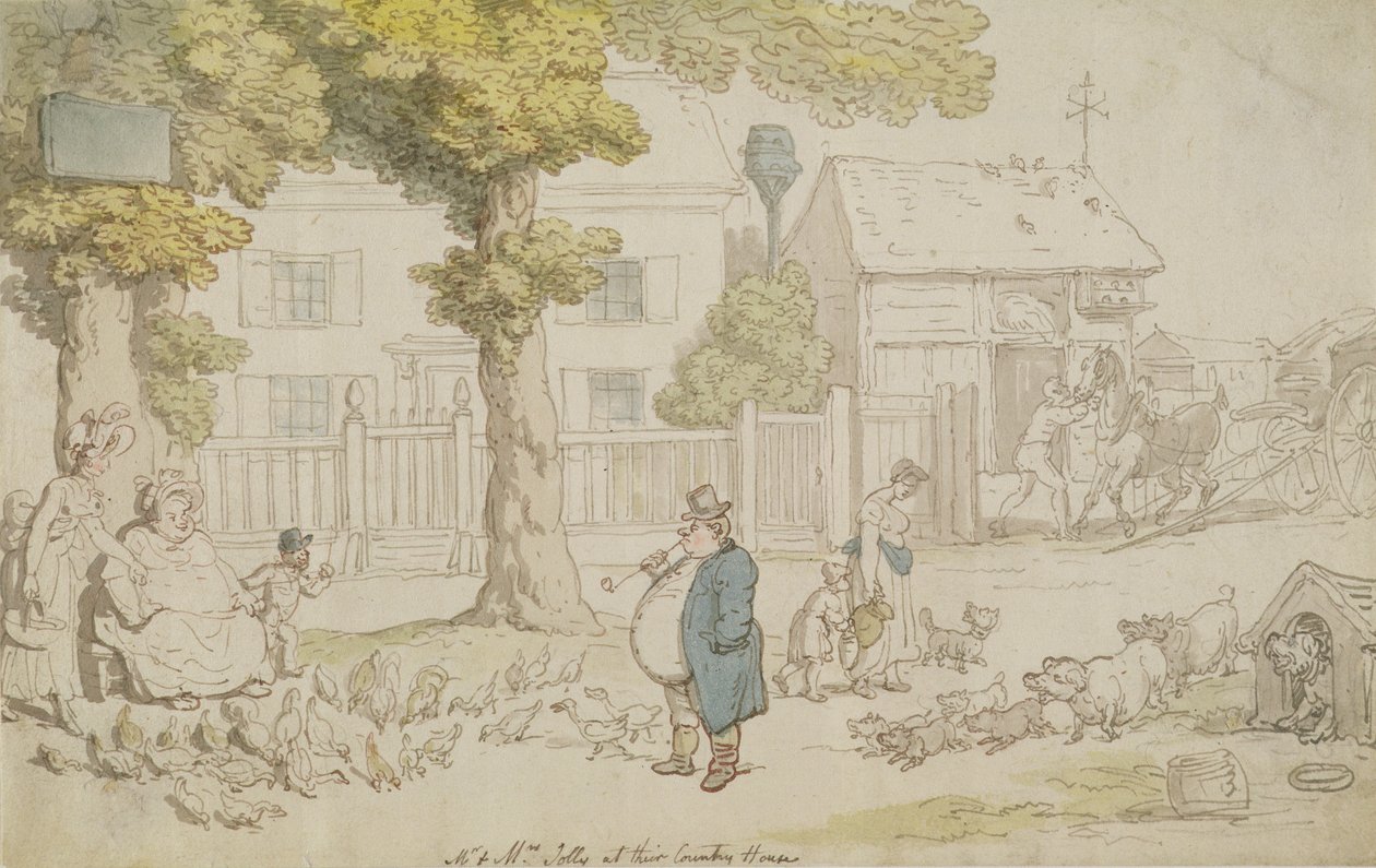 hr. og fru Jolly på deres landsted (akvarel, pen og blæk og blyant på papir) af Thomas Rowlandson