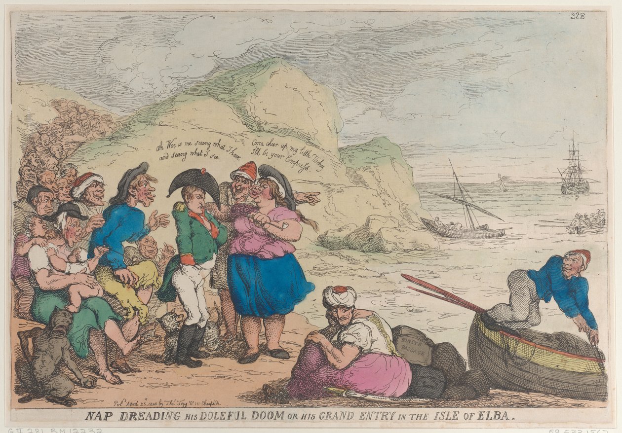 Nap Dreading His Doleful Doom or His Grand Entry in Isle of Elba, April 20, ..., April 20, 1814. af Thomas Rowlandson