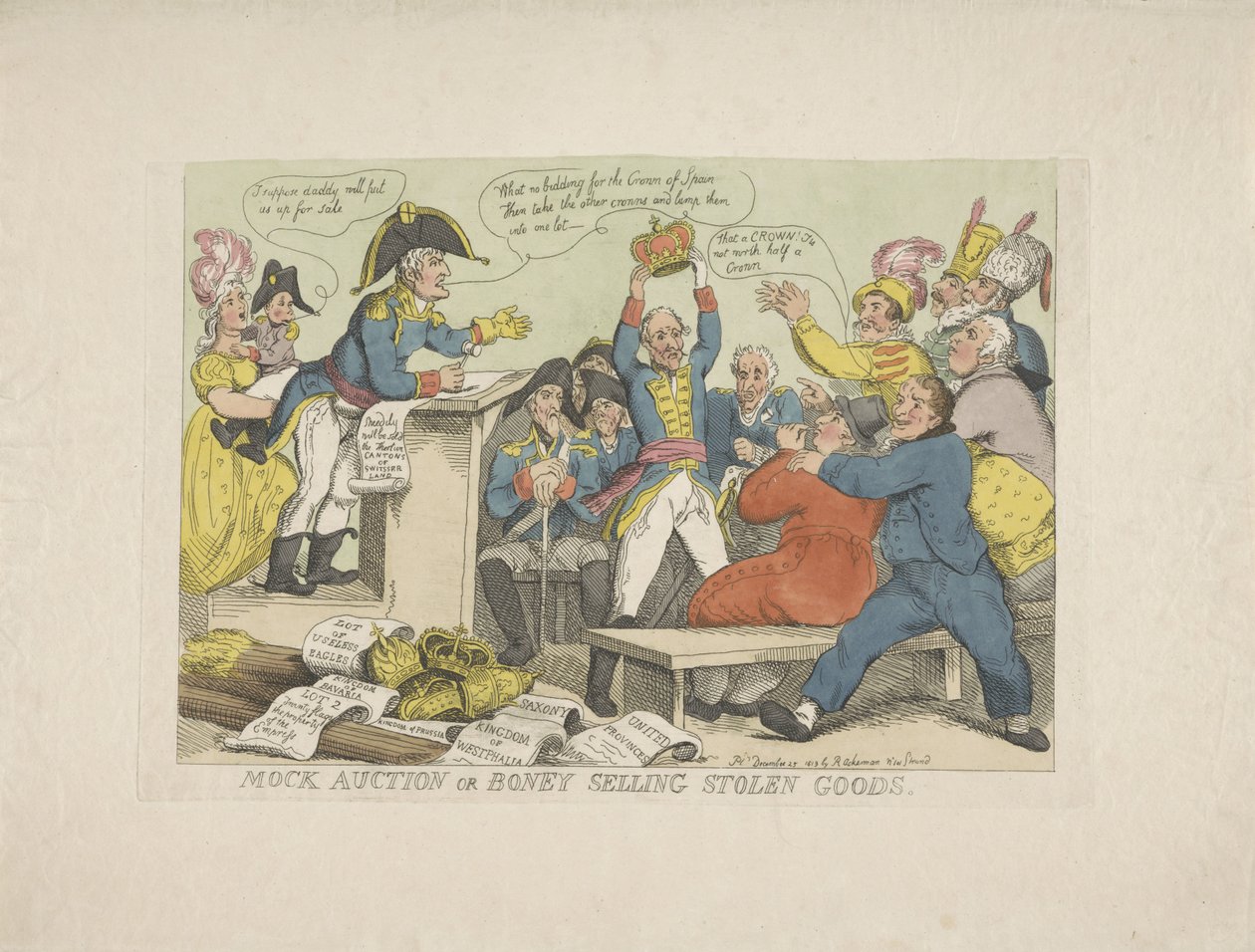 Napoleon sælger stjålne varer, 1813 Sponteauktion eller Boney, der sælger stjålne varer (titel på objekt) af Thomas Rowlandson