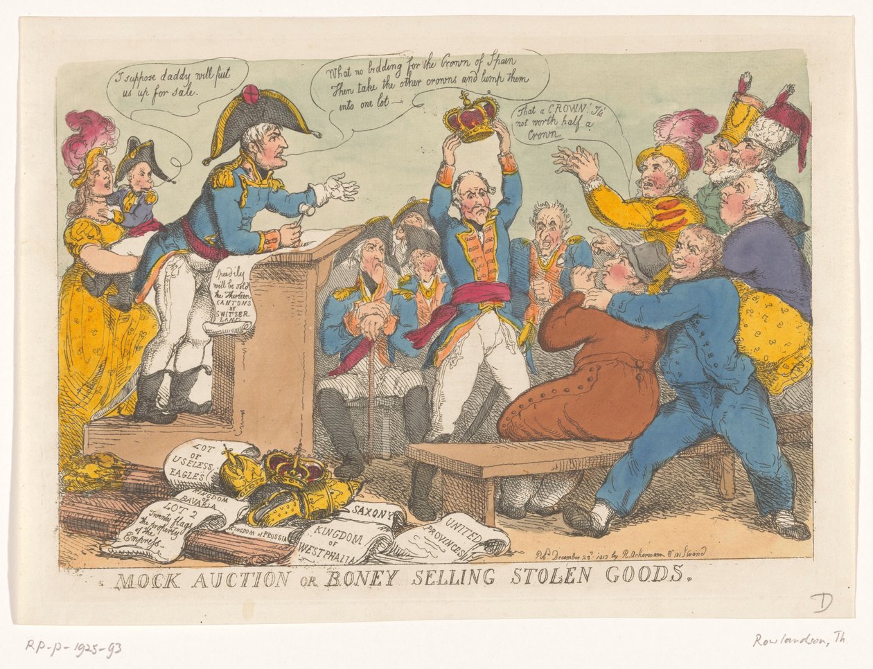 Napoleon sælger stjålne varer, 1813 Sponteauktion eller Boney, der sælger stjålne varer (titel på objekt) af Thomas Rowlandson