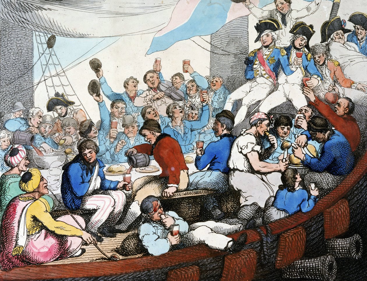 Napoleonskrigene, den egyptiske kampagne (ekspedition) (1798-1801): Admiral Horatio Nelson (1758-1805) fejrer sammen med sine tropper sin glorværdige sejr i Slaget ved Nilen (Slaget ved Aboukir) (august 1798) om bord på sin båd. af Thomas Rowlandson