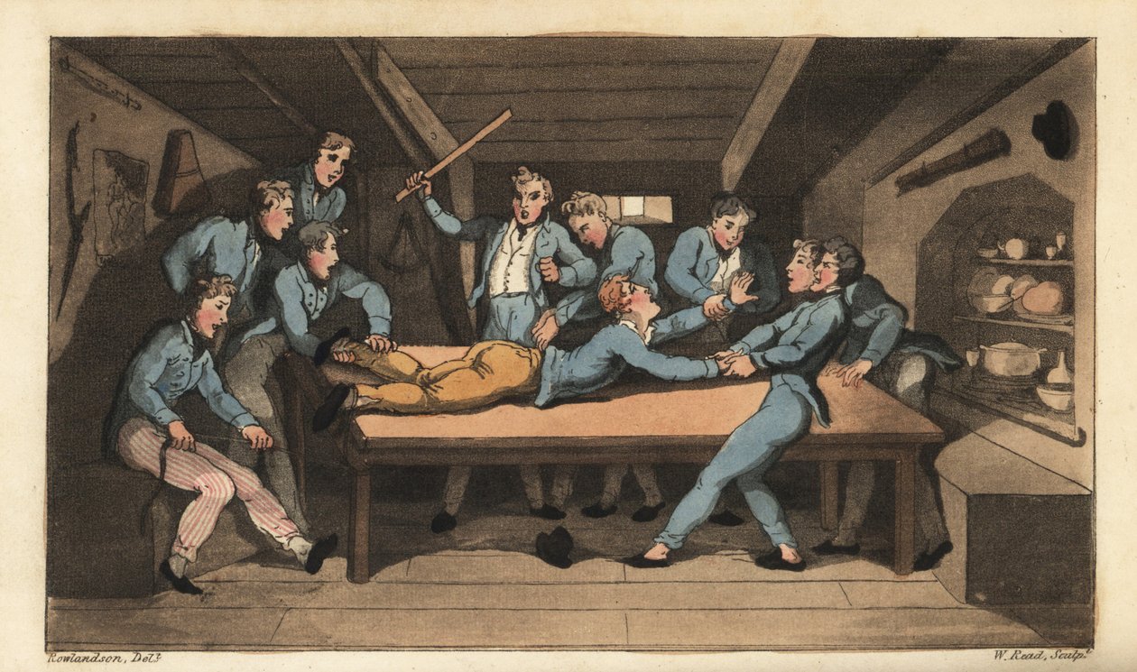 Søens straf for cobbing (tæsk) for at ødelægge et måltid. Johnny bliver slået med en pind over rodebordet for at tilsætte salt til buddingen. Håndfarvet kobberstik af W. Læst efter en illustration af Thomas Rowlandson fra Alfred Burtons The af Thomas Rowlandson