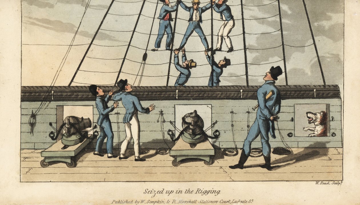 Flådens overgangsritual: Johnny bliver grebet og spredt i rigningen af sine medsejlere. Håndfarvet kobberstik af W. Læst efter en illustration af Thomas Rowlandson fra Alfred Burtons The Adventures of Johnny Newcombe in the Navy, Simp af Thomas Rowlandson