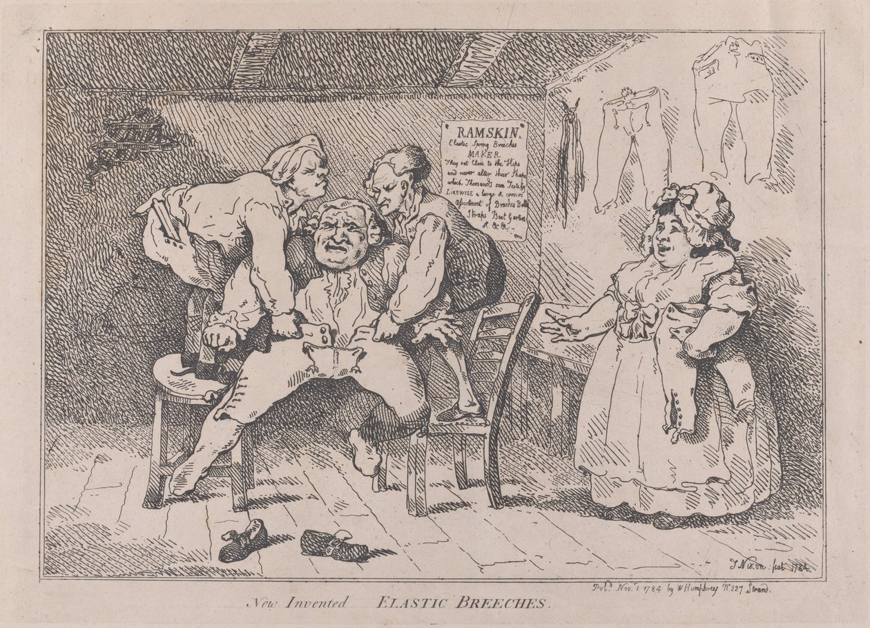 Nye opfundne elastiske ridebukser, 1. november 1784., 1. november 1784. af Thomas Rowlandson