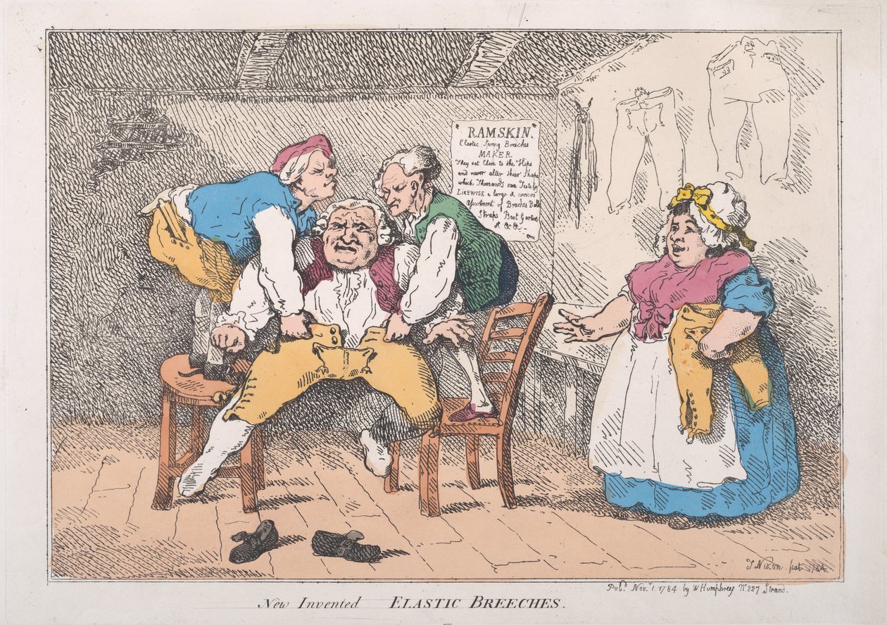 Nye opfundne elastiske ridebukser, 1. november 1784., 1. november 1784. af Thomas Rowlandson