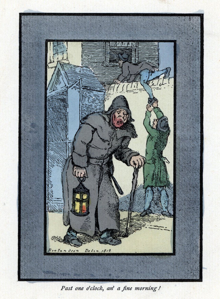 Nattevagt med sin lanterne og stok, uopmærksom på to indbrudstyve, der kommer ind i et hus bag ham (1819). Træstik, baseret på et maleri af Thomas Rowlandson (1756-1827), udgivet i The Cris of London: med seks charmerende børn og næsten 40 illus. af Thomas Rowlandson