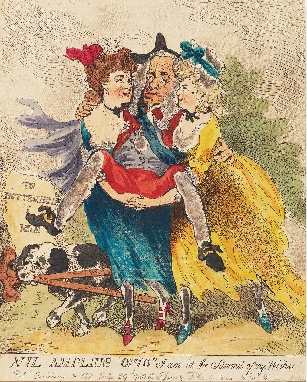 Nil Amplius Opto Jeg er på toppen af mine ønsker, pub. 1780 (håndkoloreret gravering af Thomas Rowlandson