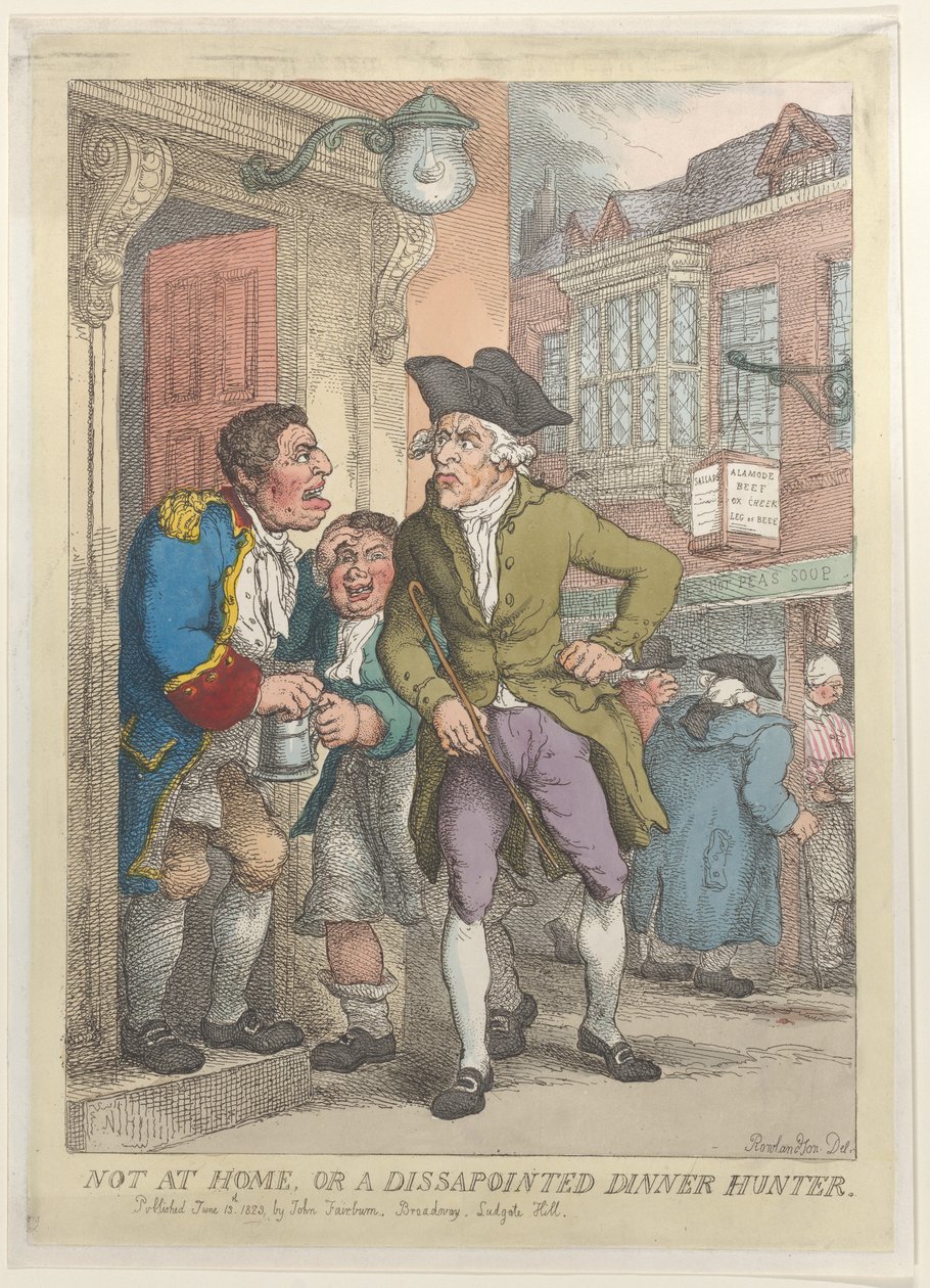 Ikke hjemme eller en skuffet middagsjæger, 13. juni 1823., 13. juni 1823. af Thomas Rowlandson