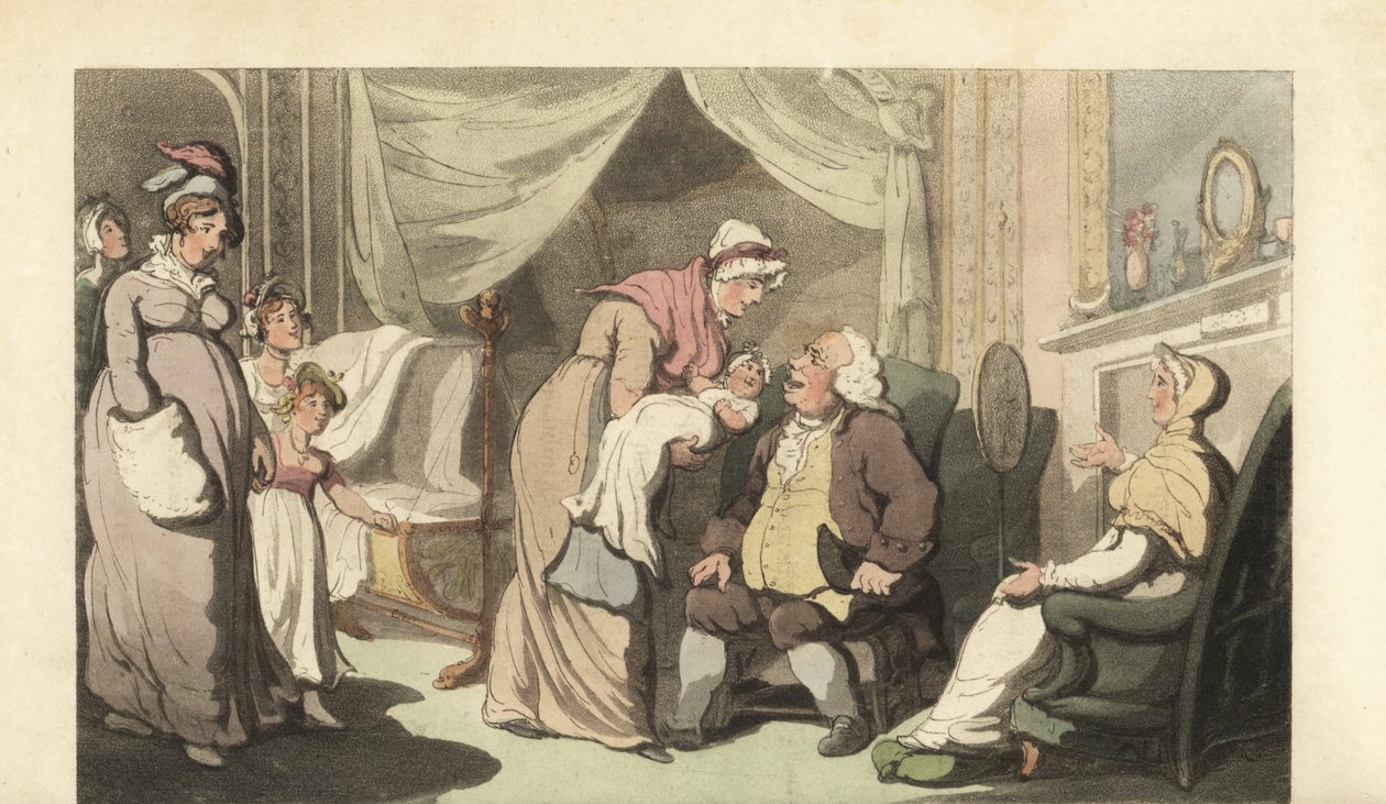 Sygeplejerske viser en baby til en gammel mand og kvinde af Thomas Rowlandson