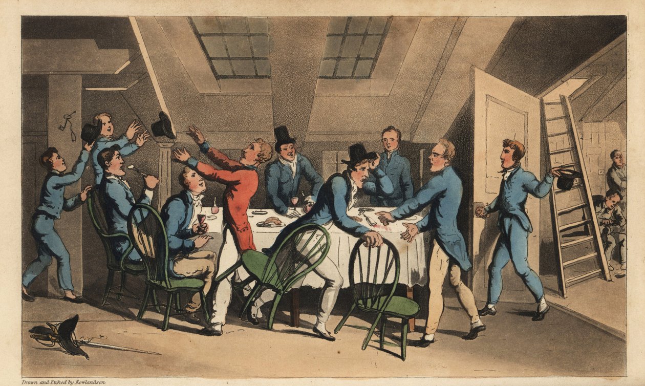 Officerer og midtskibsmænd fejrer nyheden om, at kaptajnen har forladt skibet. Håndfarvet kobberstik af W. Læst efter en illustration af Thomas Rowlandson fra Alfred Burtons The Adventures of Johnny Newcombe in the Navy, Simpkin, London af Thomas Rowlandson