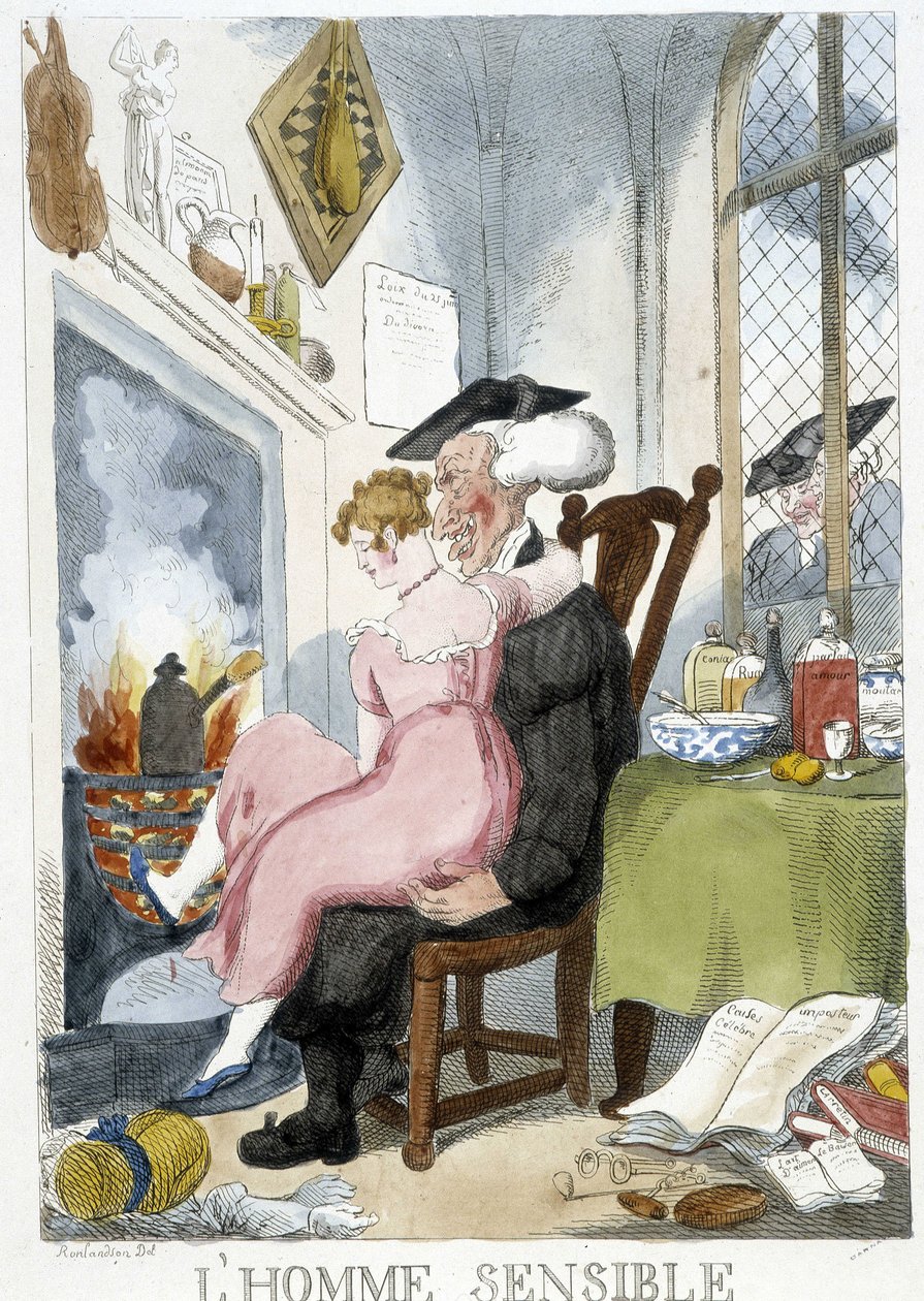 Gammel mand (esiastisk) famler efter en ung kvinde, der sidder på knæ - karikatur af Rowlandson af Thomas Rowlandson