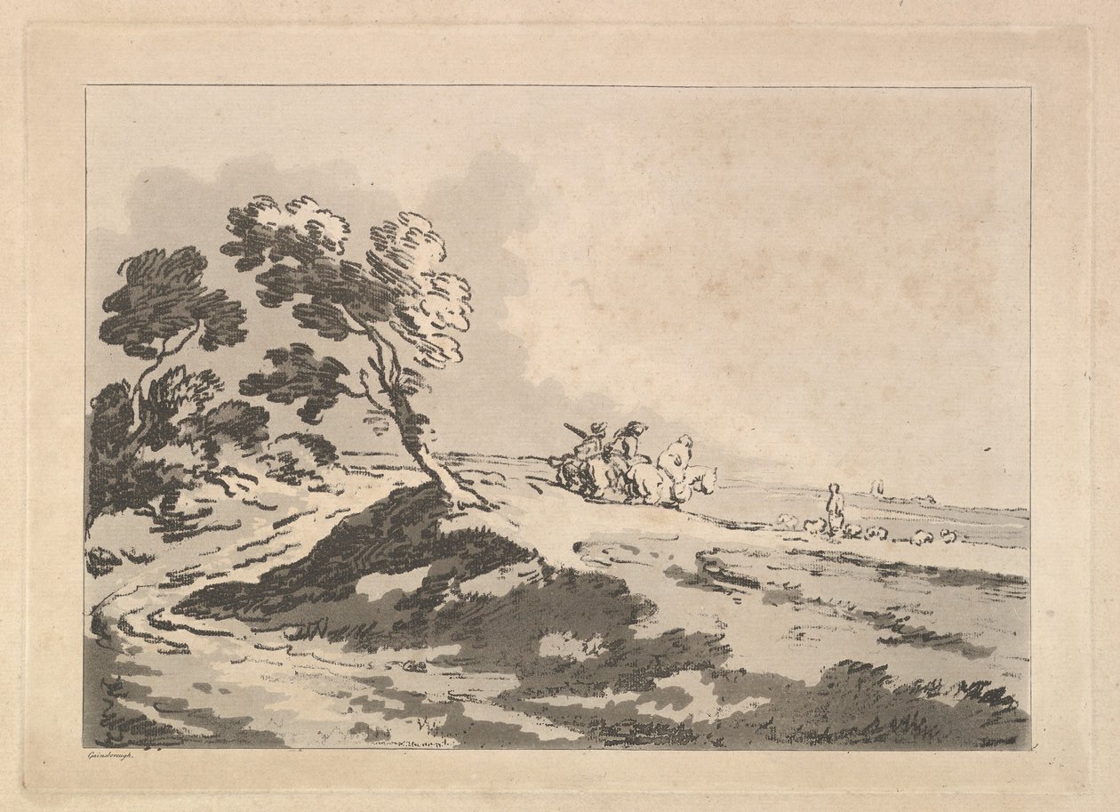 Åbent landskab med tre ryttere i mellemafstand på vej mod højre, Windblo..., 1784-88. af Thomas Rowlandson