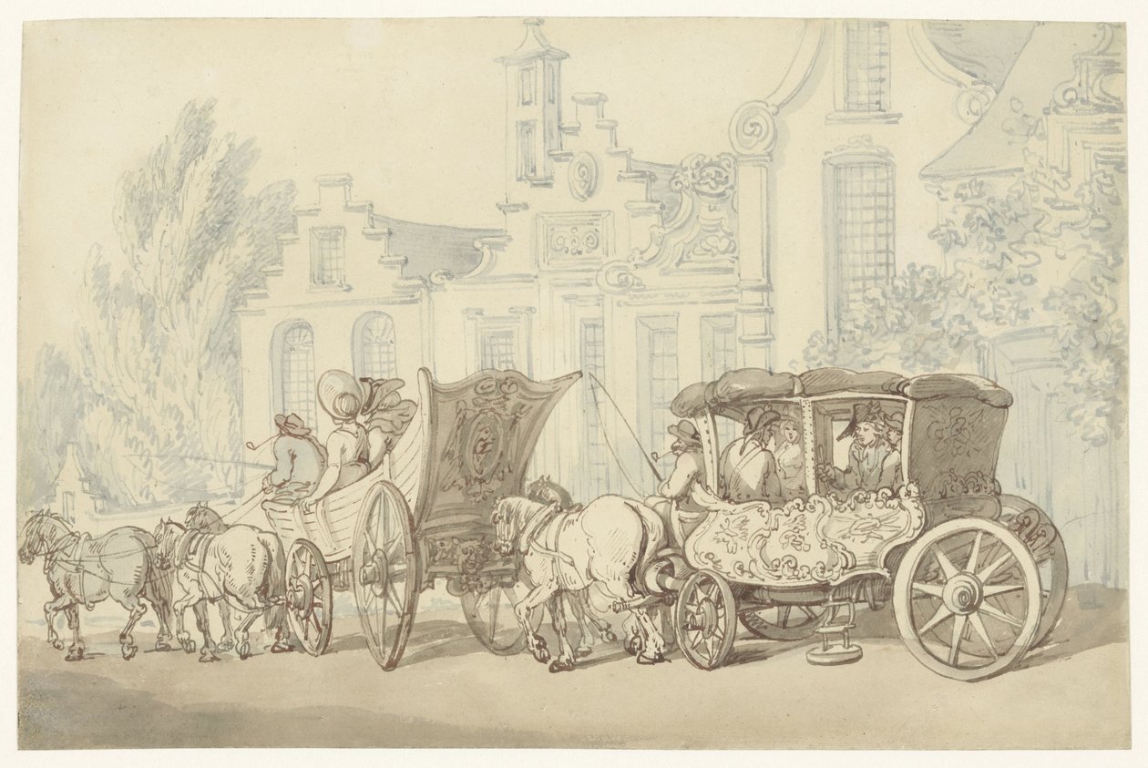 Åben turbil og vogn i en næsten hollandsk gade af Thomas Rowlandson