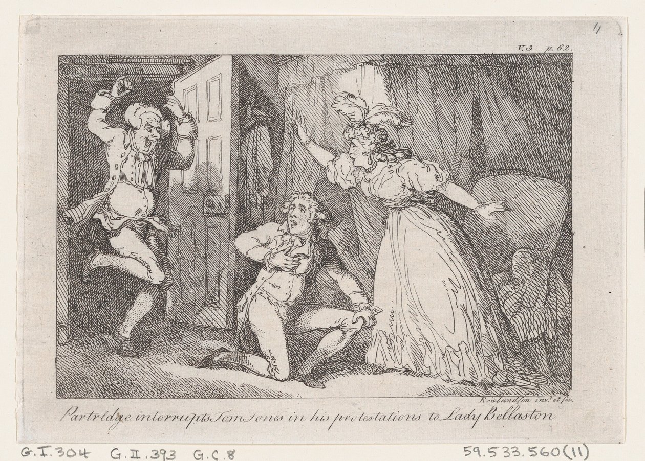 Partridge afbryder Tom Jones i sine protester til Lady Bellaston, fra The History o..., 1792. af Thomas Rowlandson