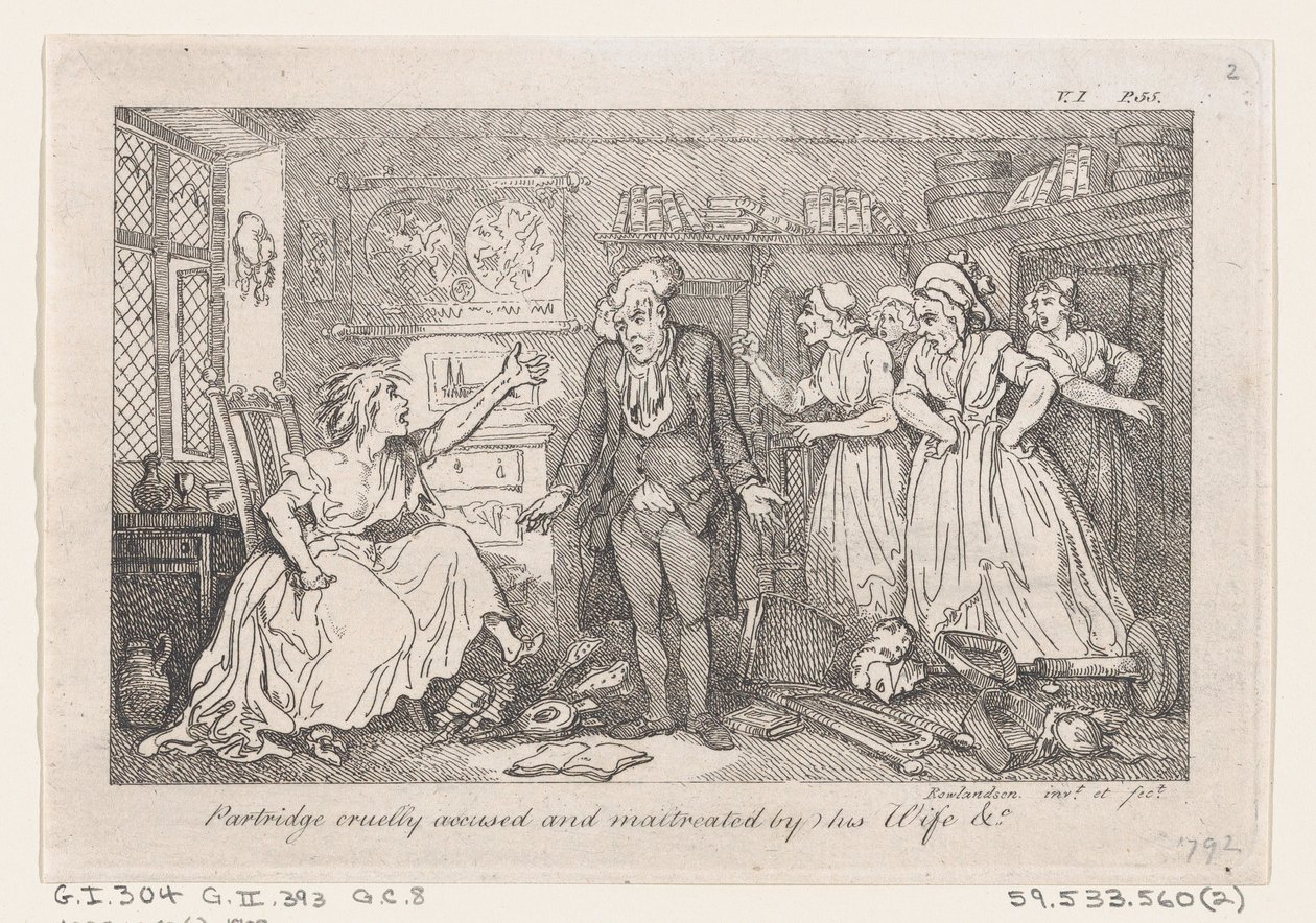 Partridge grusomt anklaget og mishandlet af sin kone, fra The History of Tom Jones, a Fo..., 1792. af Thomas Rowlandson