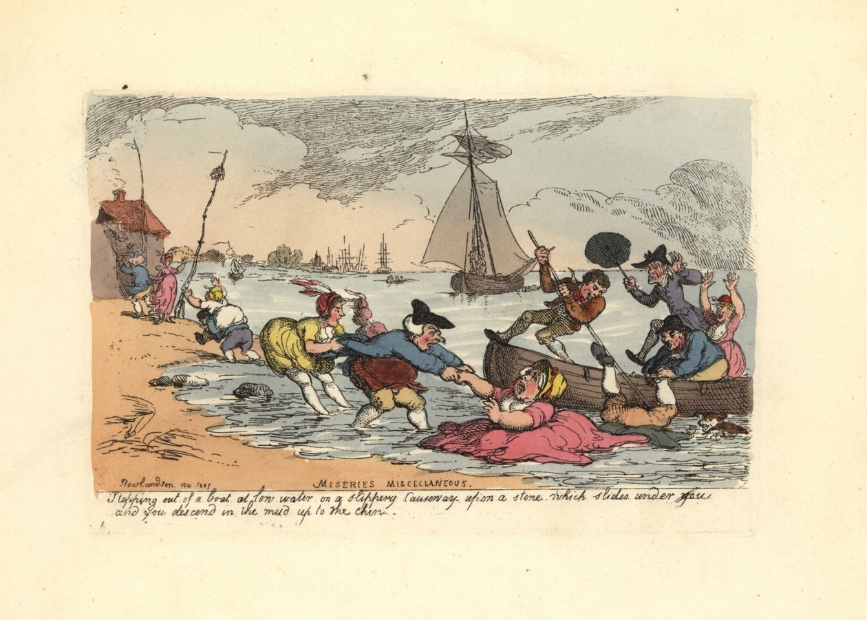 Passagerer glider og falder ned i flodens mudder. af Thomas Rowlandson