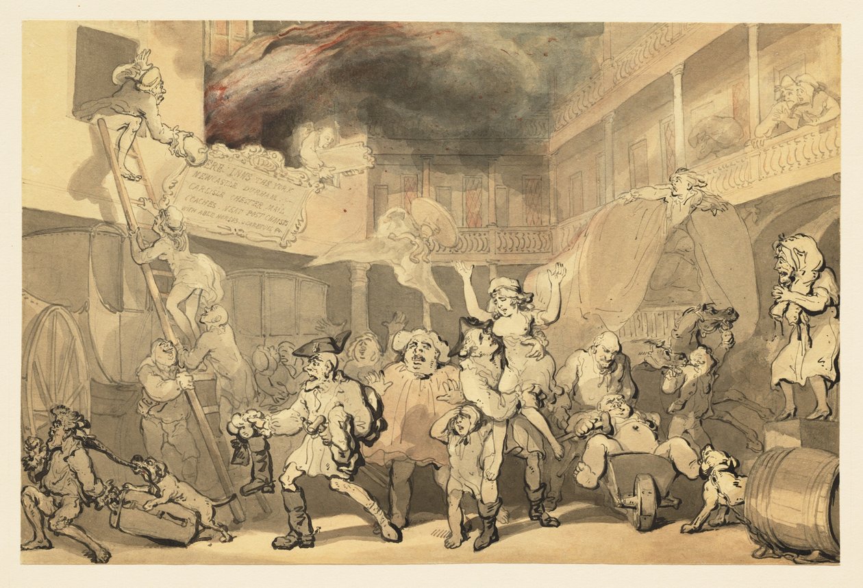 Peregrine redder Emilia fra branden på kroen af Thomas Rowlandson