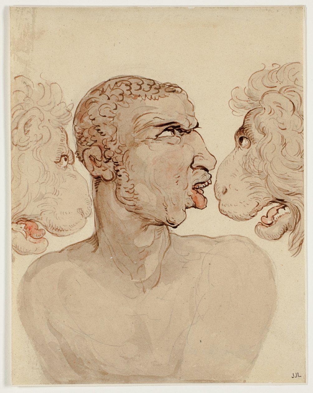 Fysiognomisk undersøgelse af hovedet af en mand og to løver af Thomas Rowlandson