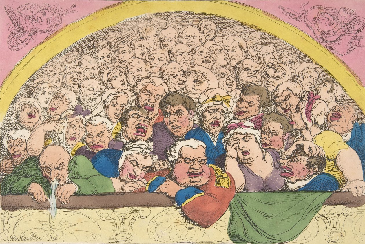 Duehul. A Convent Garden Contrivance to Coop up the Gods, 20. februar ..., 20. februar 1811. af Thomas Rowlandson