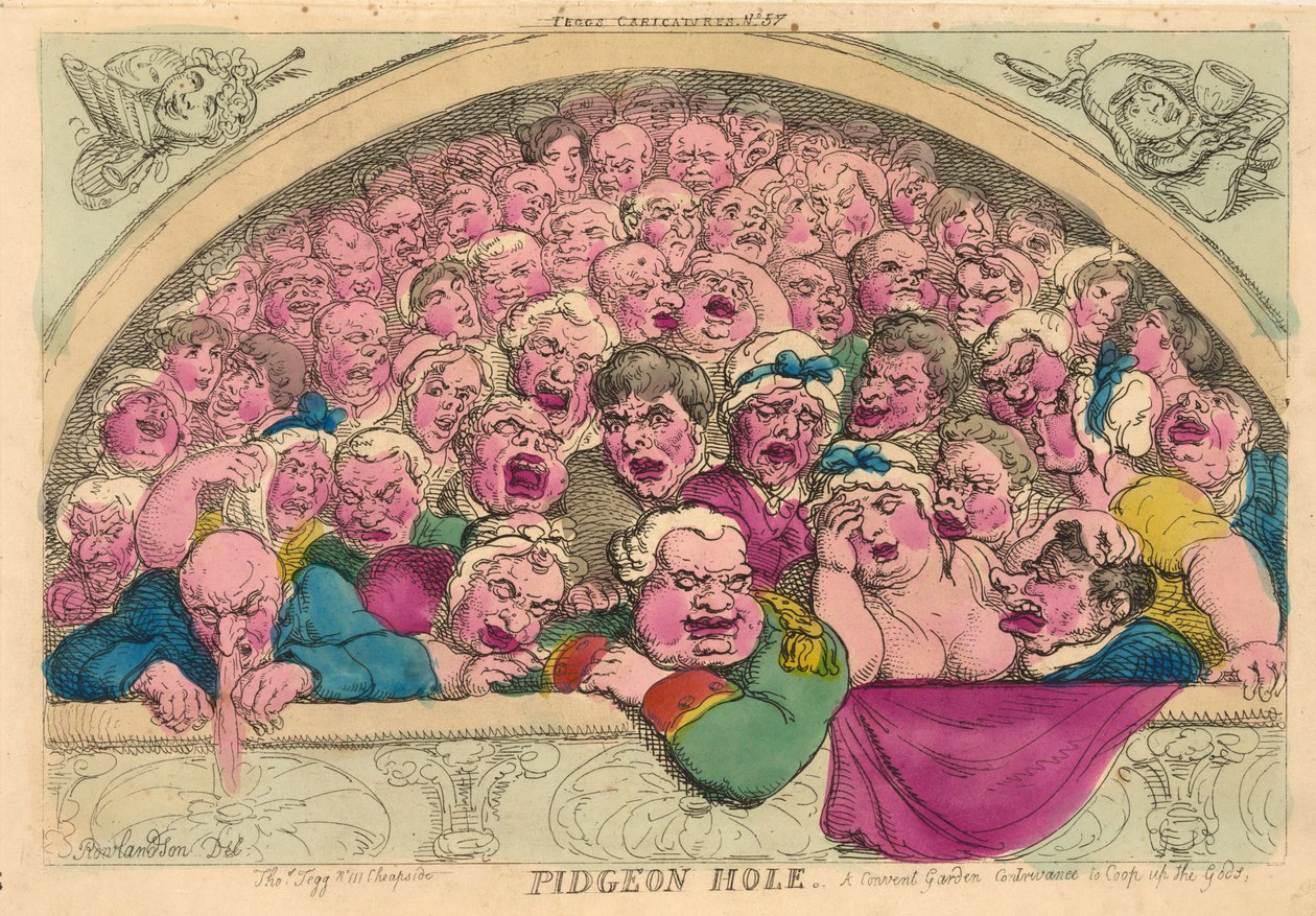 Pigeon Hole, A Convent Garden-opgave til at klare guderne, 1811 (håndfarvet gravering) af Thomas Rowlandson