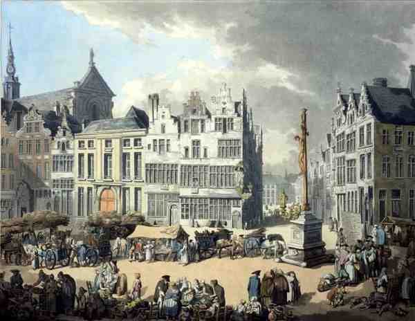 Place de Mier i Antwerpen, indgraveret af Wright og Schutz, pub. af Rudolph Ackermann af Thomas Rowlandson