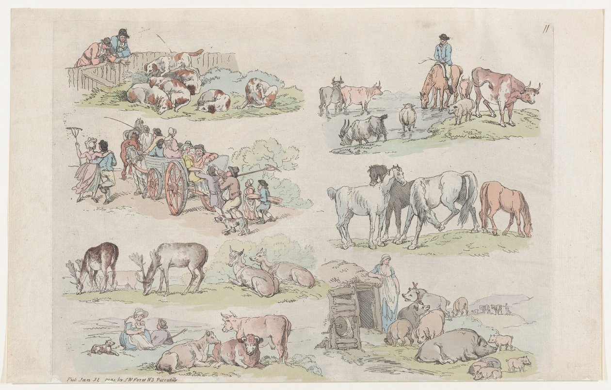 Tavle 11, Omrids af figurer, landskaber og kvæg...til brug for elever..., 31. januar 1791. af Thomas Rowlandson
