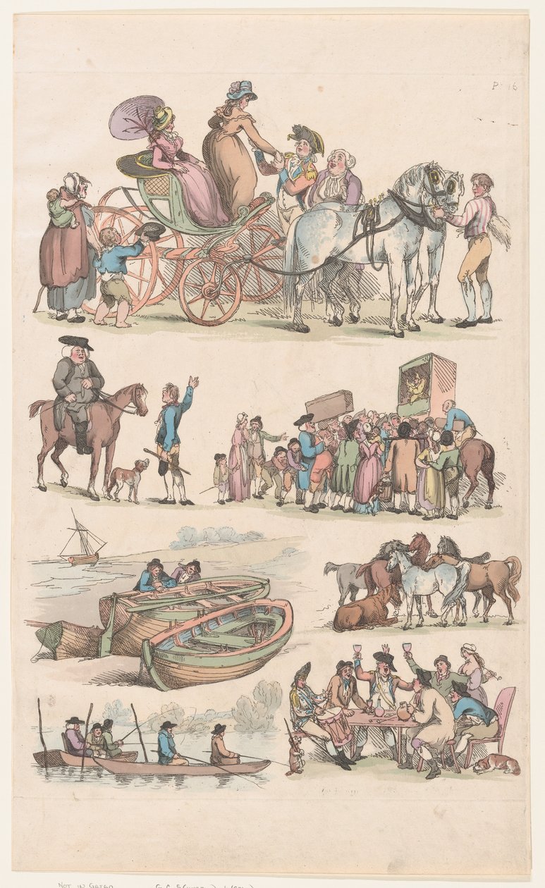 Tavle 16, Omrids af Figurer, Landskaber og Kvæg...til Brug for Lærere, Ju..., 1. Juni 1790. af Thomas Rowlandson