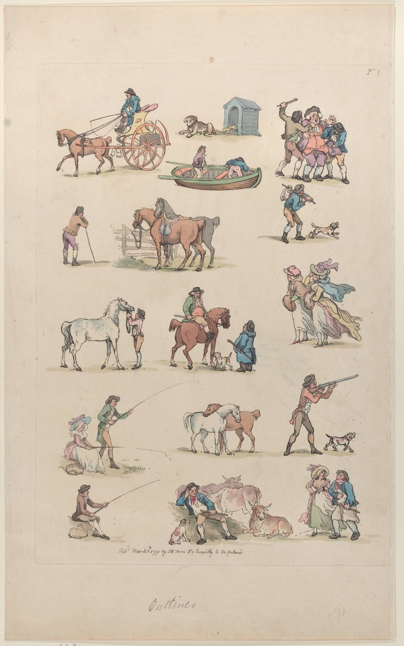 Tavle 1, Omrids af Figurer, Landskaber og Kvæg...til Lærernes Brug, Ma..., 8. Marts 1790. af Thomas Rowlandson