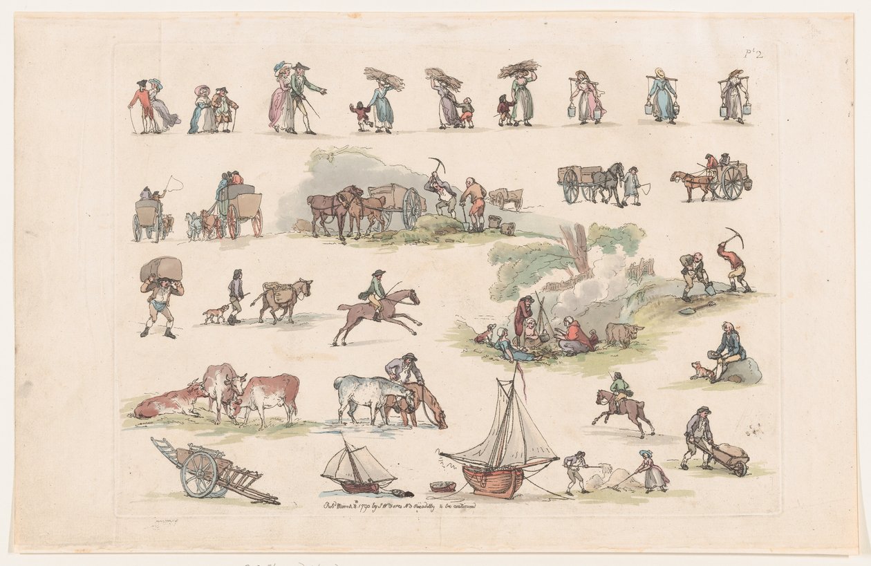 Tavle 2, Omrids af Figurer, Landskaber og Kvæg...til Lærernes Brug, Ma..., 8. Marts 1790. af Thomas Rowlandson